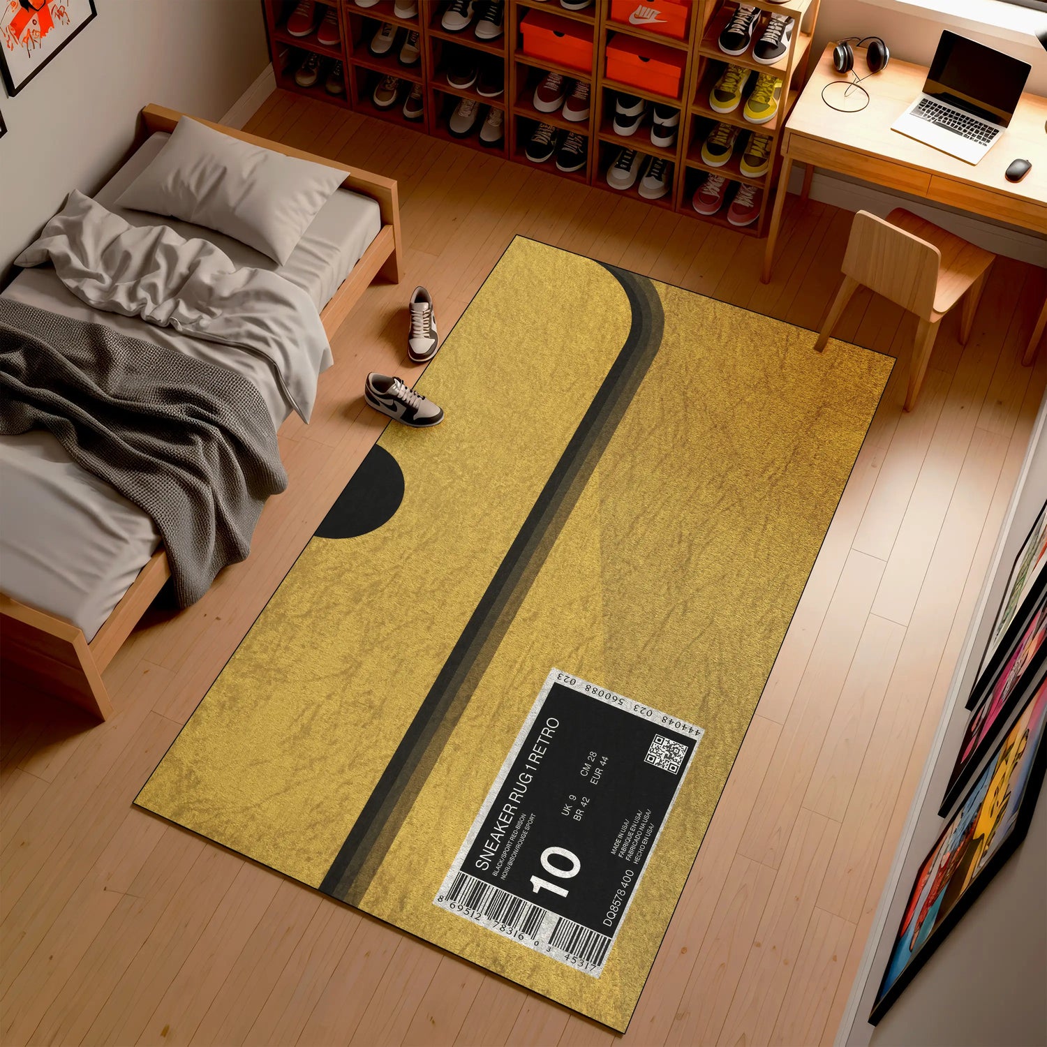 Room interior with a large yellow rug featuring a shoe size label, bed, desk, and shelves.

