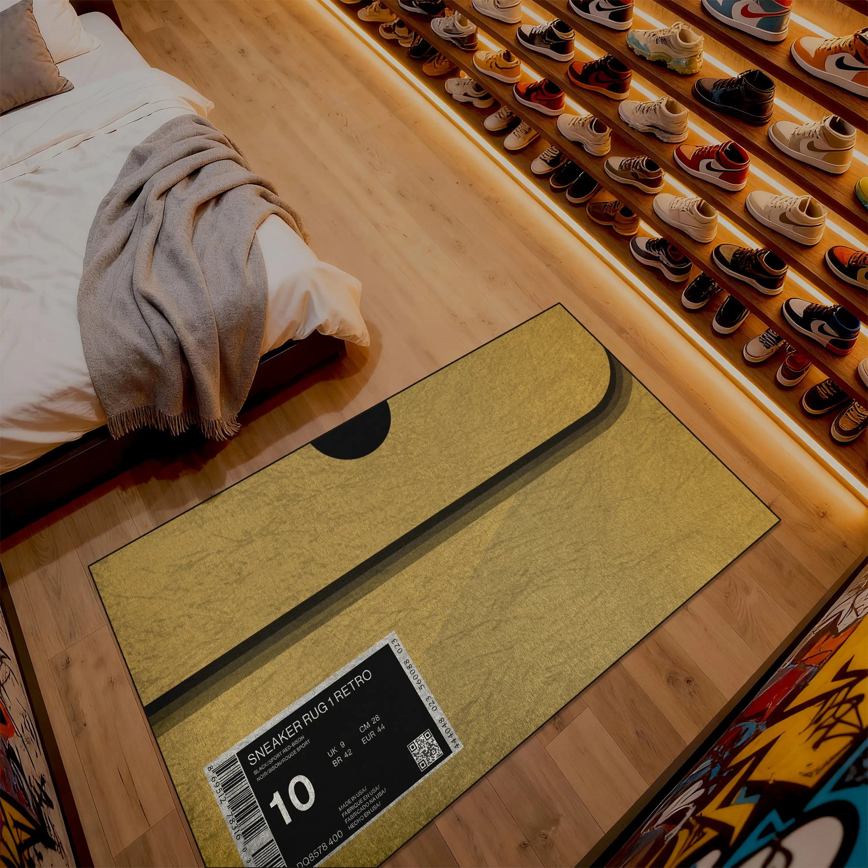 Shoe display with a rug labeled 'Sneaker Rug Retro' on a wooden floor.

