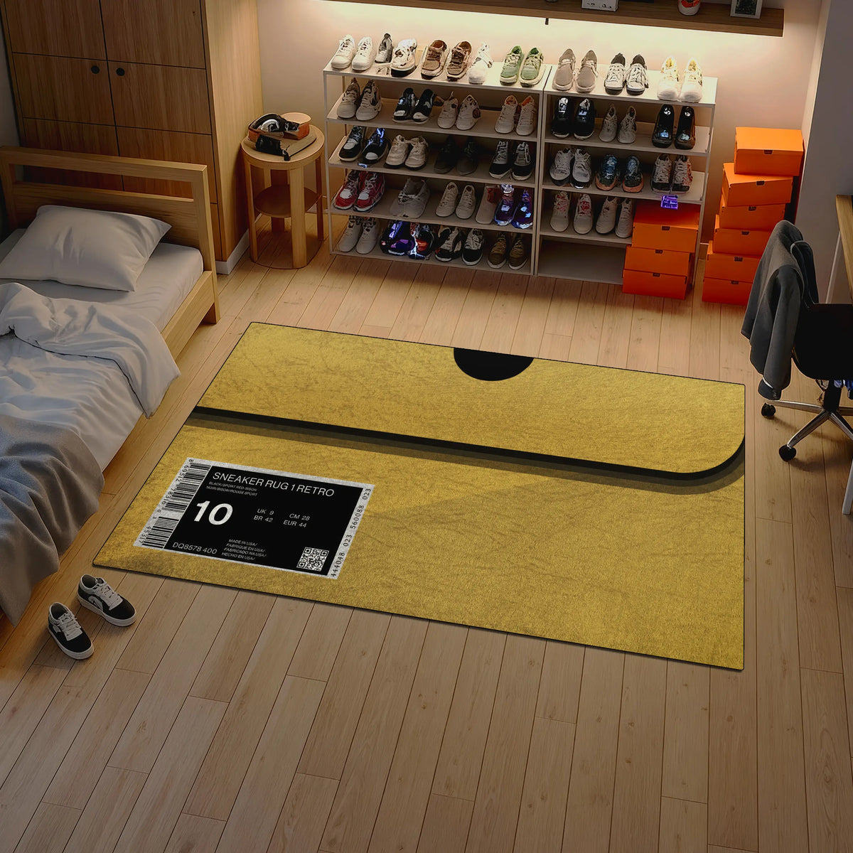 Yellow mat with sneaker display in a room with shelves of shoes and a bed.

