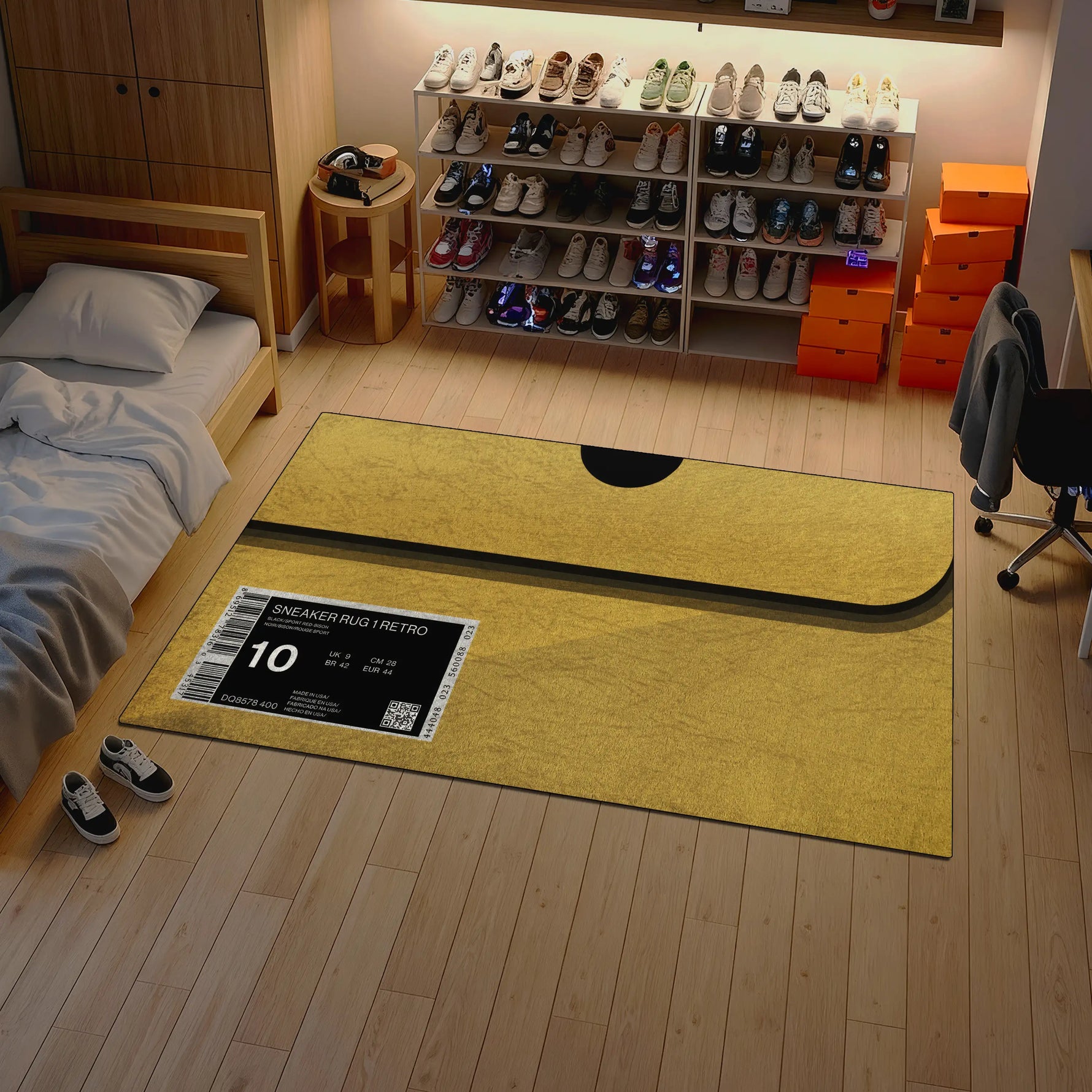 Yellow mat with sneaker display in a room with shelves of shoes and a bed.


