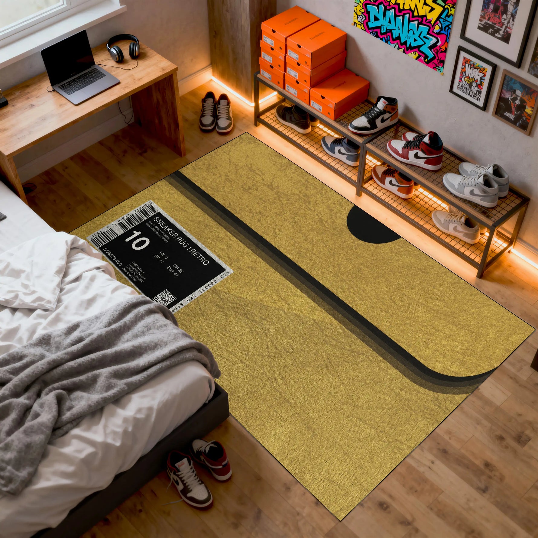 Room with a yellow rug, bed, and shelves with shoes

