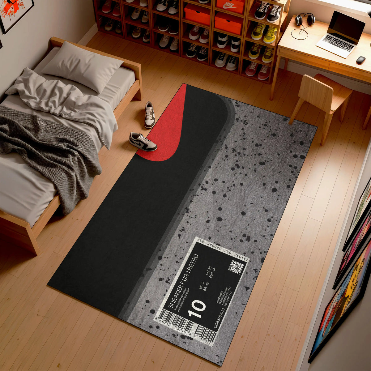 Room interior with a black and gray patterned rug featuring a ticket design.

