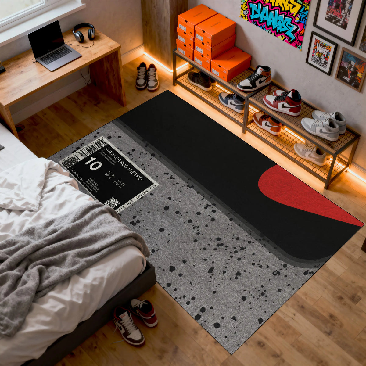 Room interior with a large rug featuring a red heart design, a bed, and shelves with shoes.

