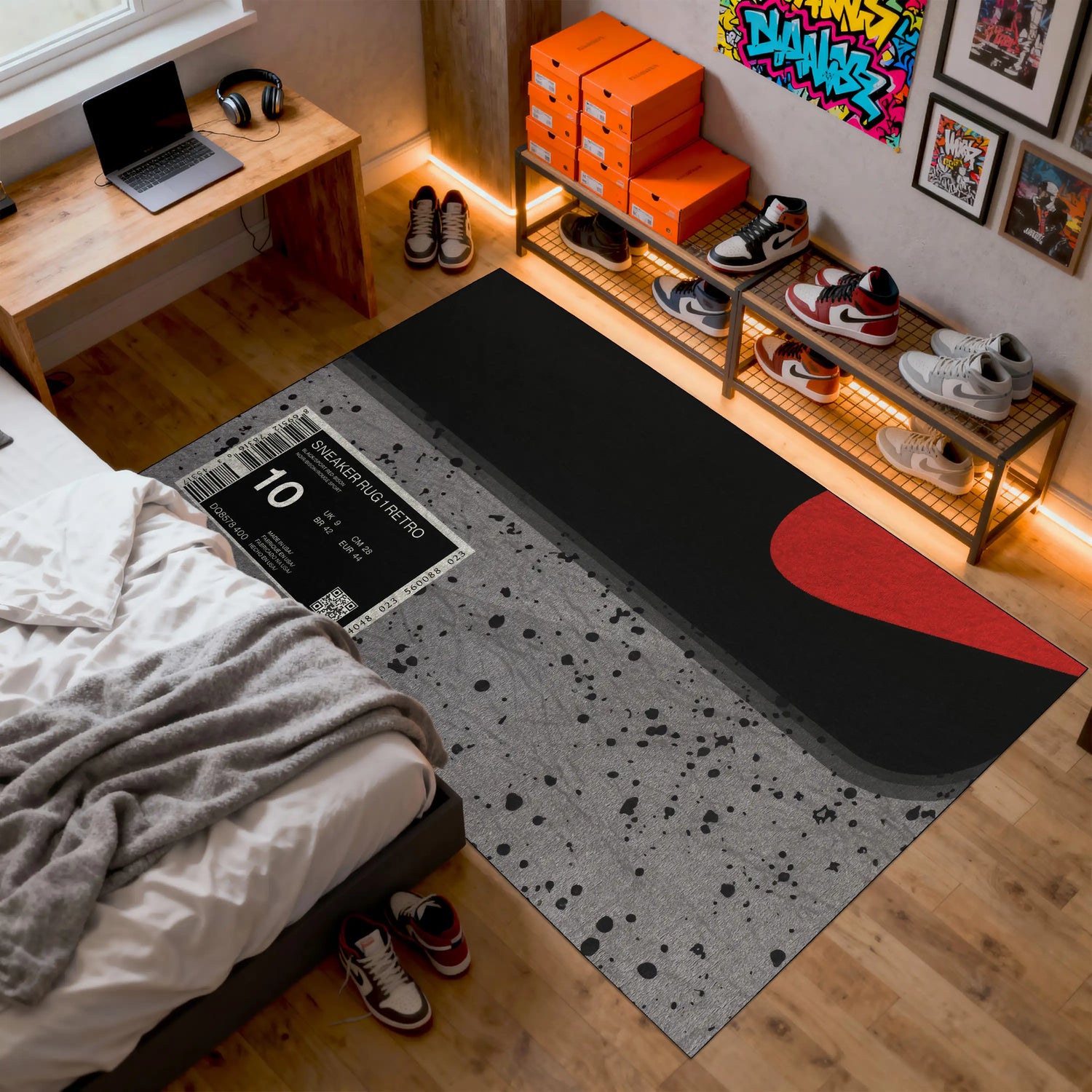 Room interior with a large rug featuring a red heart design, a bed, and shelves with shoes.

