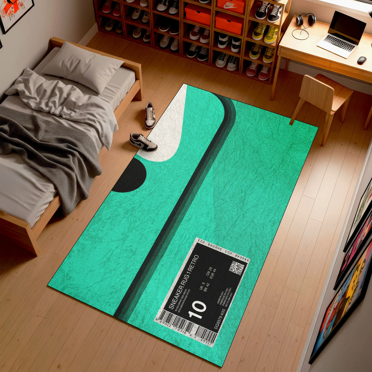 Green rug with sneaker design and size label on wooden floor

