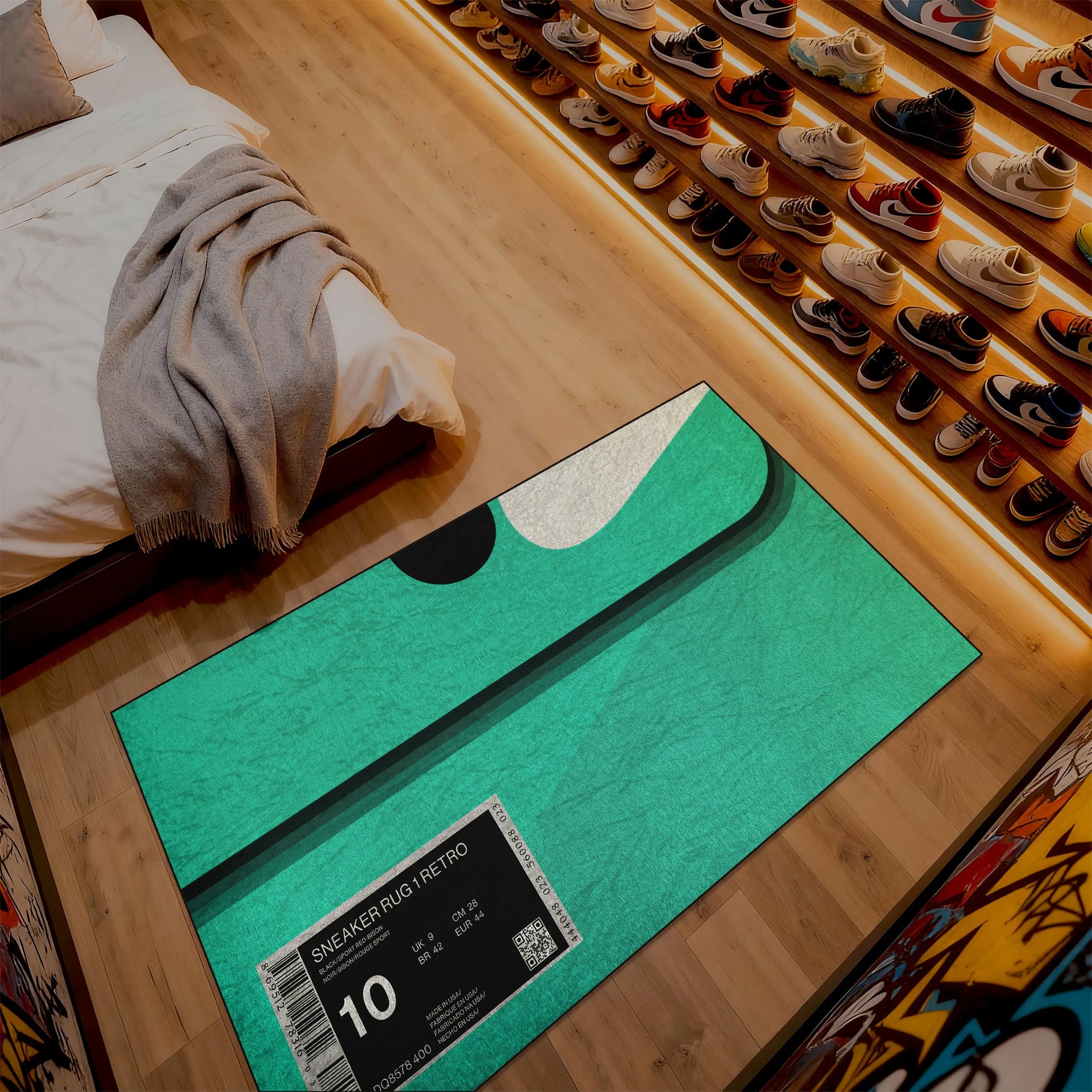 Green rug with 'Sneaker Rug' branding on a wooden floor next to a shoe rack.

