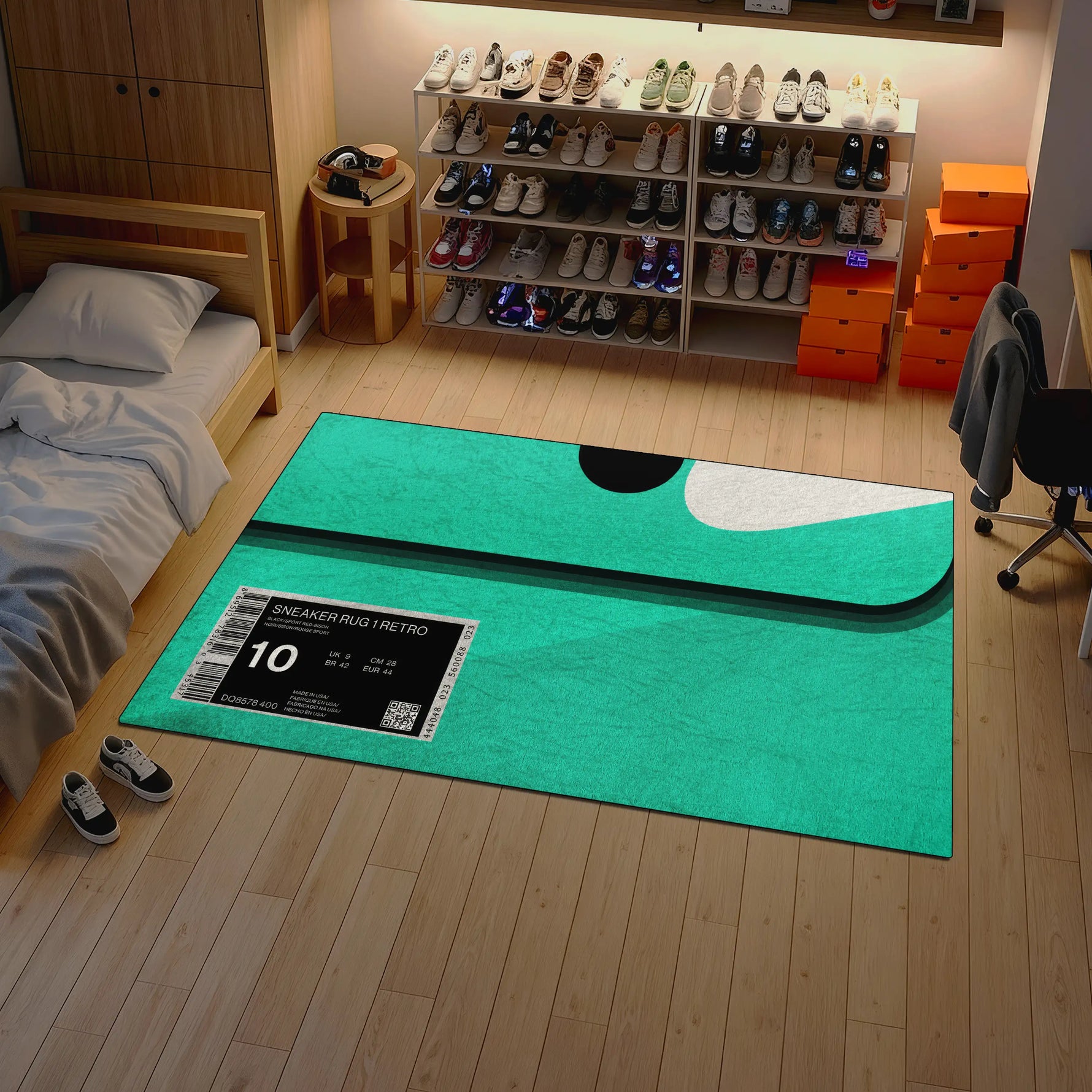 Green mat with sneaker display on a wooden floor in a room with shelves and furniture.


