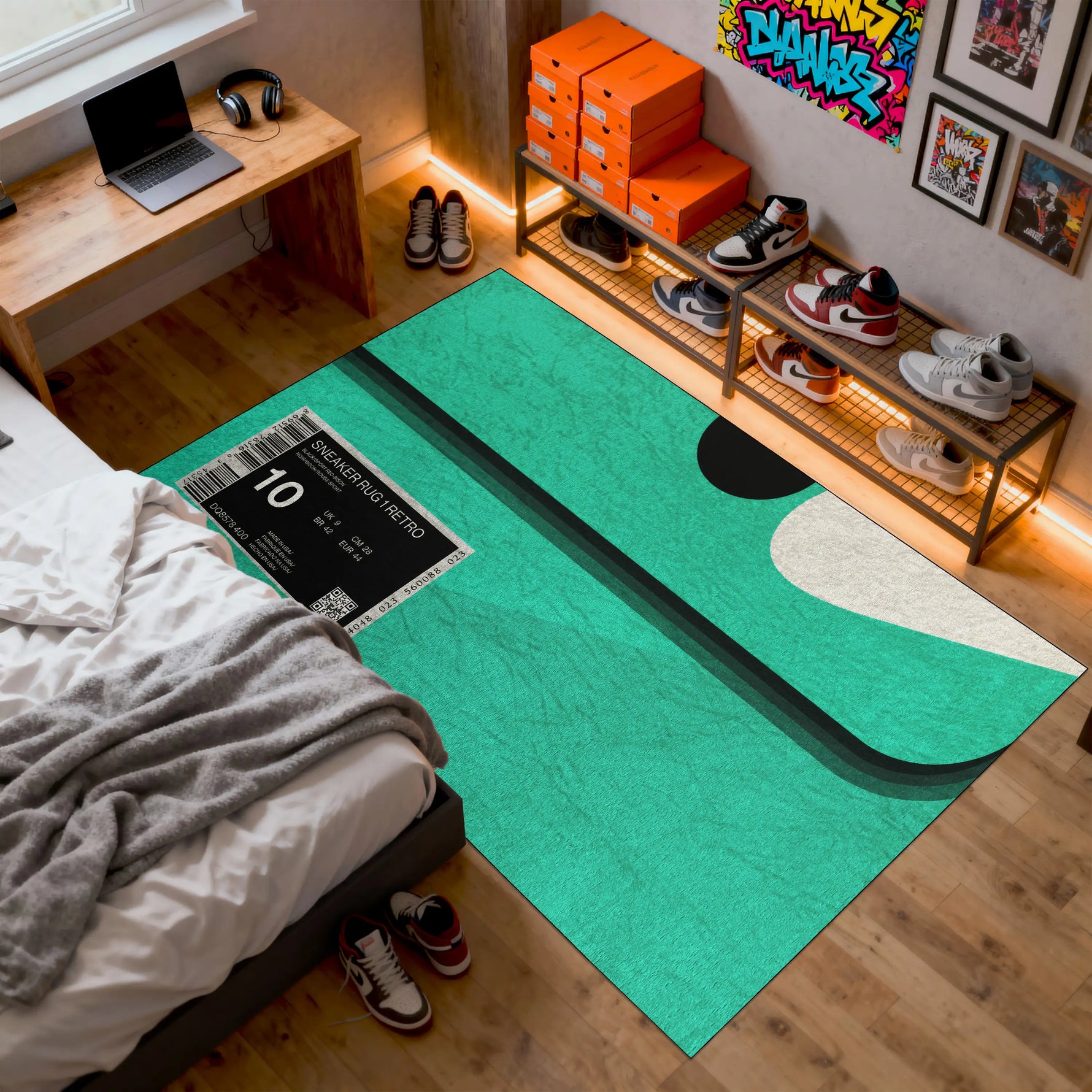 Green and black abstract rug on a wooden floor with a bed and shelves in the background.

