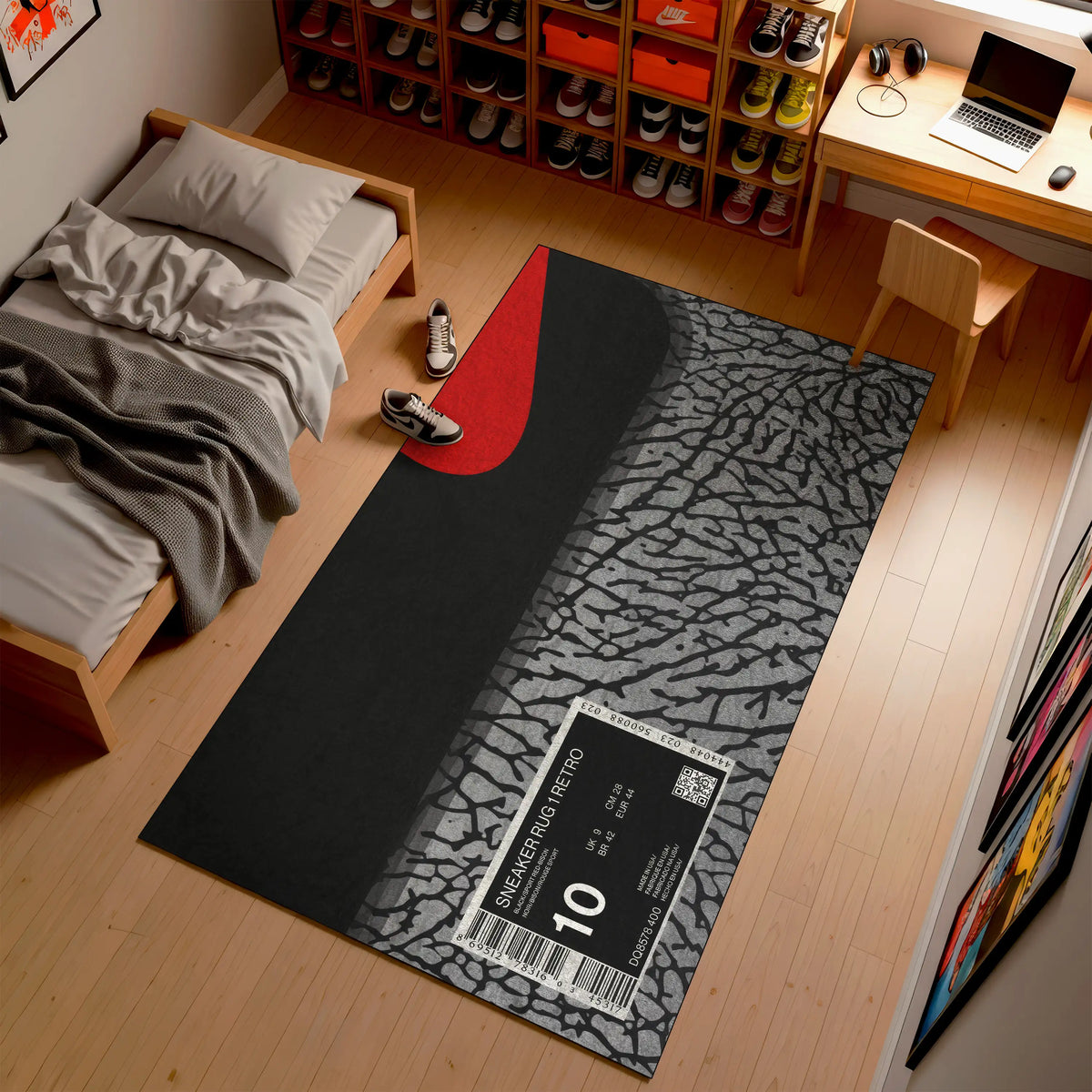 Room interior with a rug featuring a barcode label on a wooden floor.

