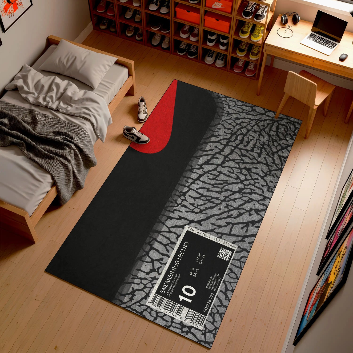 Room interior with a rug featuring a barcode label on a wooden floor.

