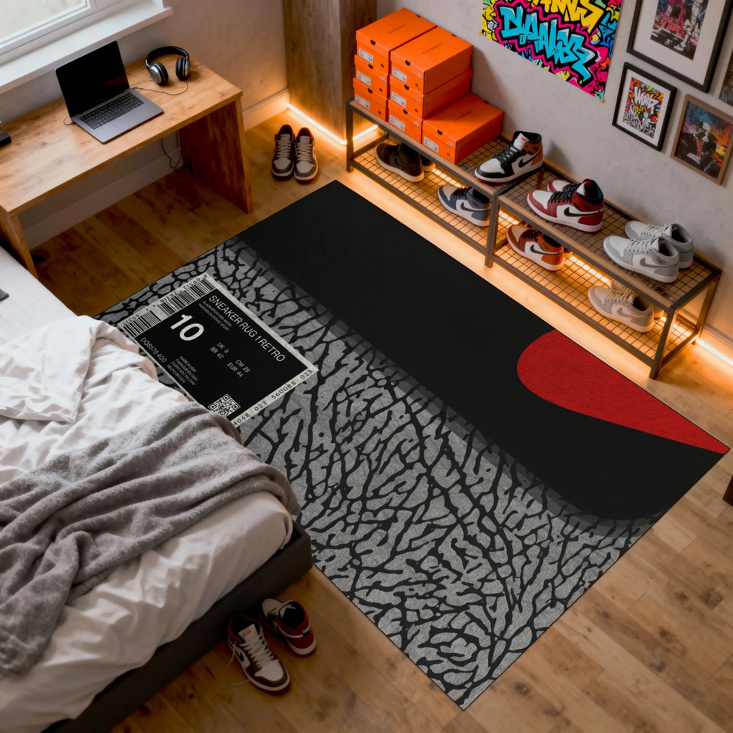 Room interior with a bed, rug, and shelves with shoes

