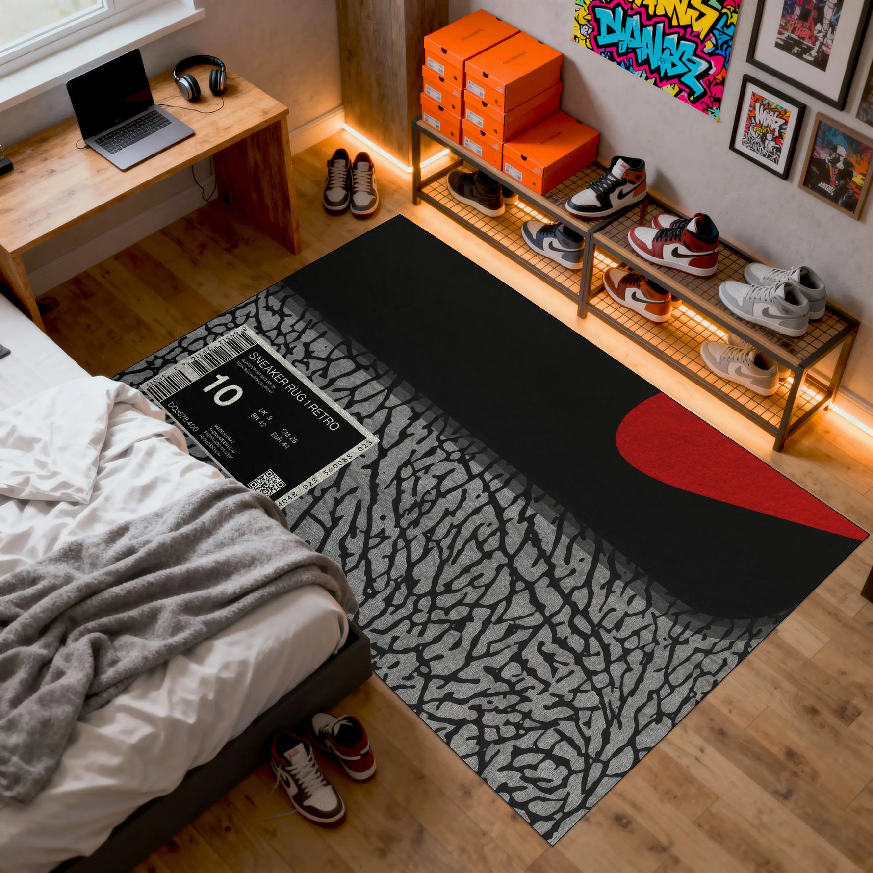 Room interior with a bed, rug, and shelves with shoes

