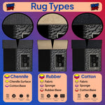 Three types of rugs labeled 'Chenille', 'Rubber', and 'Cotton' with their respective features on a colorful background.

