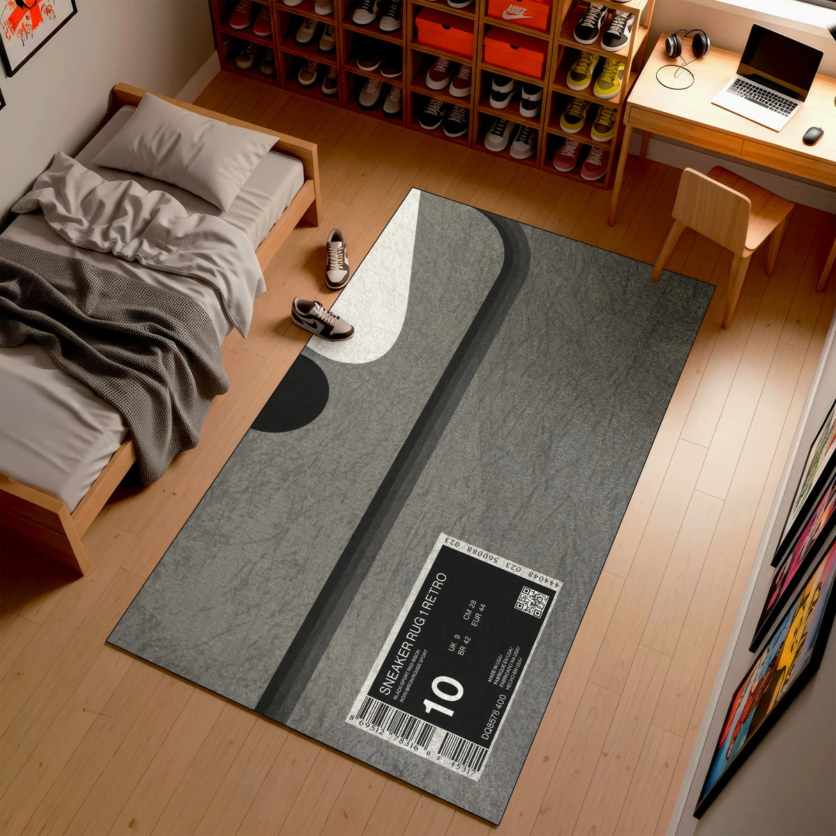 Yoga mat with sneaker brand label on a wooden floor in a room with a bed and desk.

