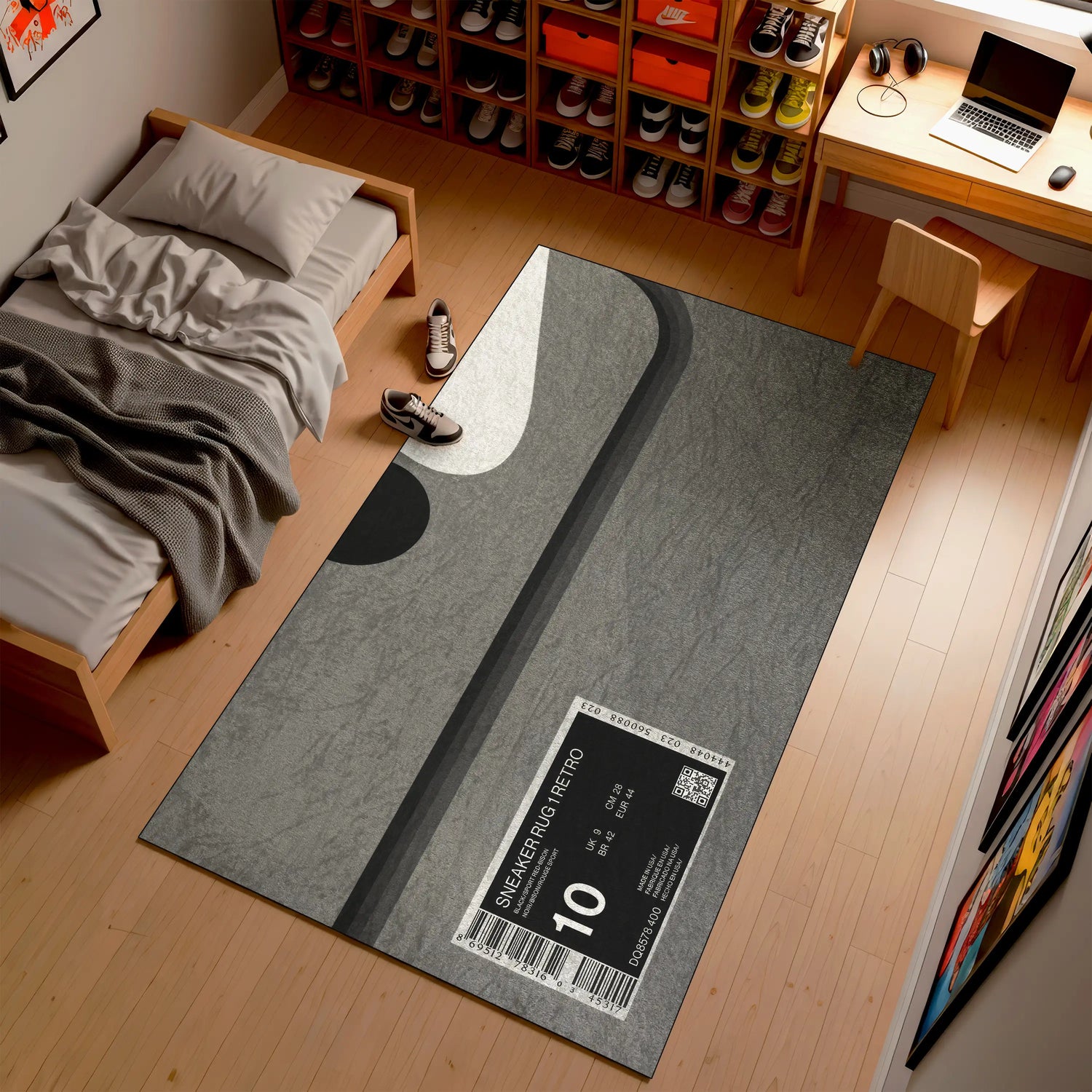 Yoga mat with sneaker brand label on a wooden floor in a room with a bed and desk.

