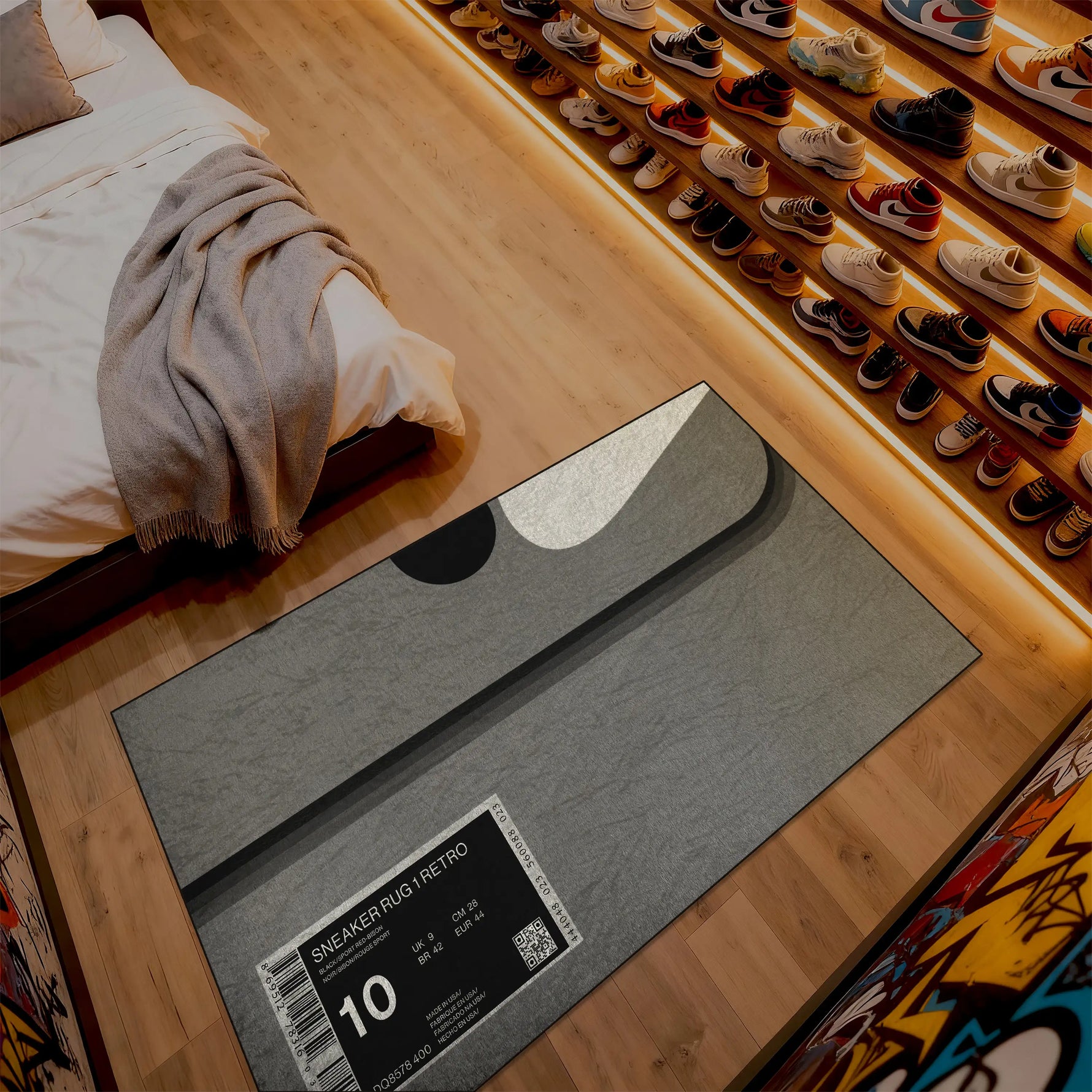 Gray rug with 'Sneaker Rug Vietto' branding on a wooden floor next to a shoe rack.

