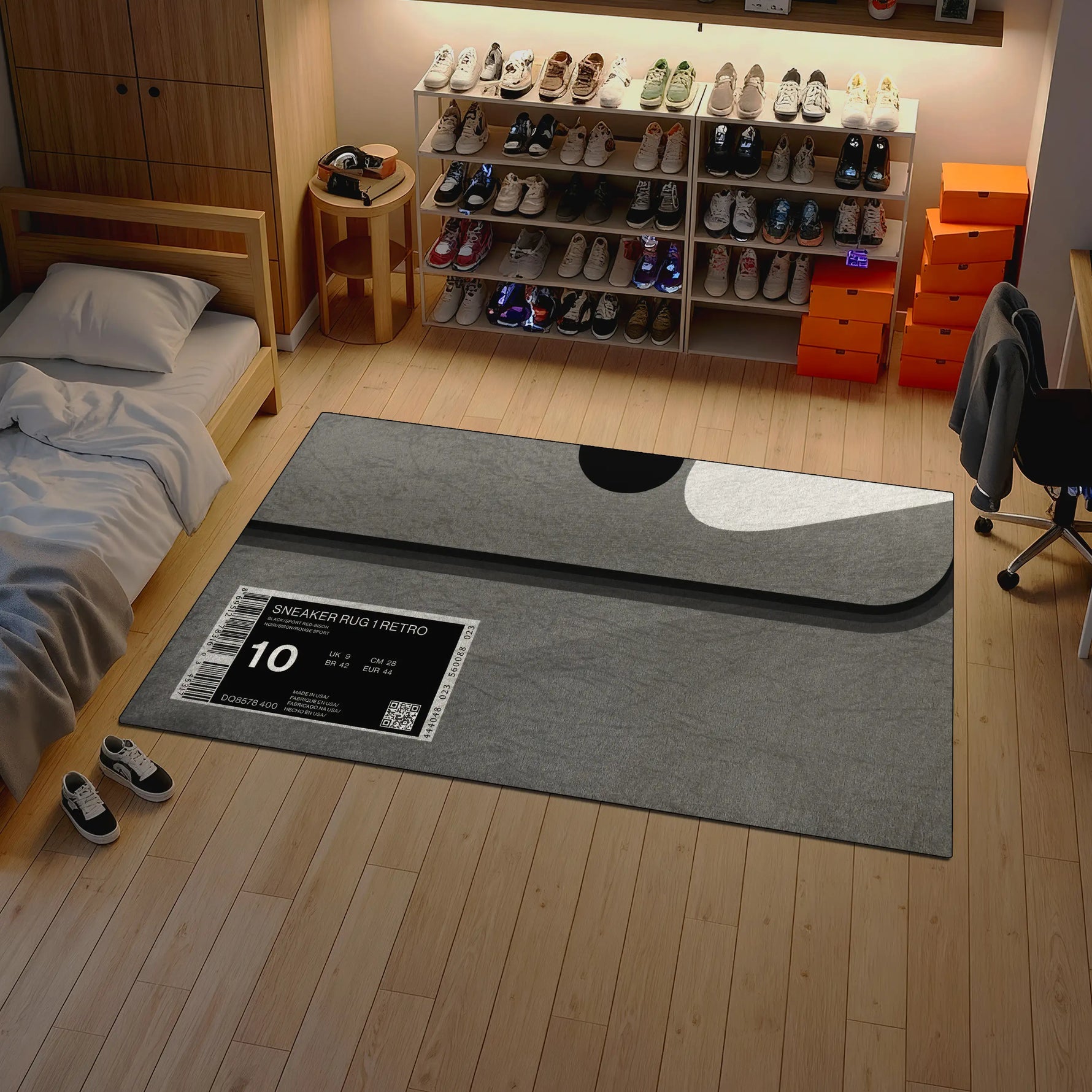Room with a gray mat featuring a sneaker display and shoe rack.

