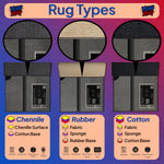 Three types of rugs labeled 'Chenille', 'Rubber', and 'Cotton' with labels indicating their materials and cleaning instructions on a colorful background.

