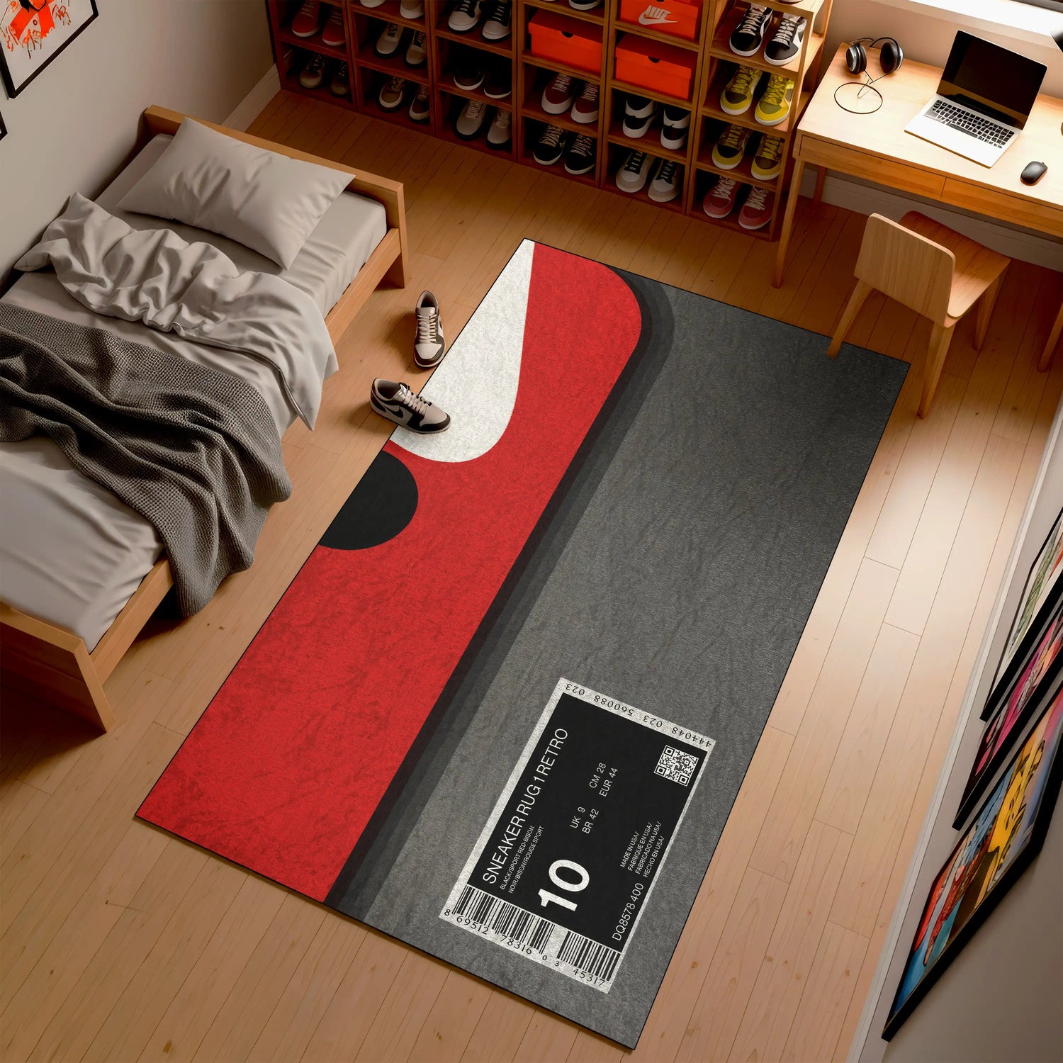 Yoga mat with sneaker design and size label in a room setting

