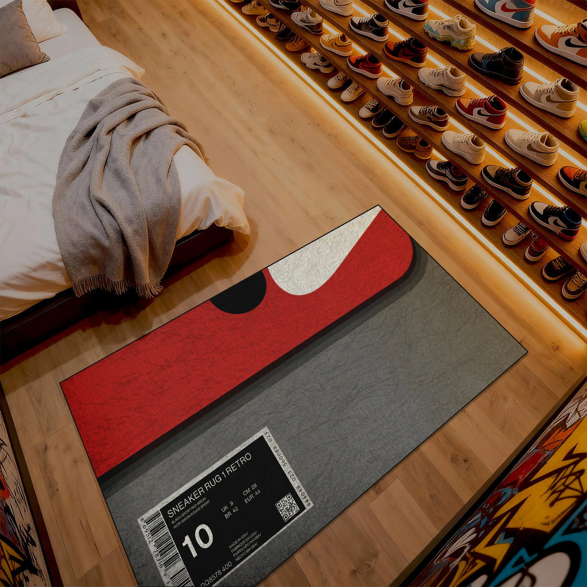 Shoe display with a red and gray rug featuring a sneaker design and size label.

