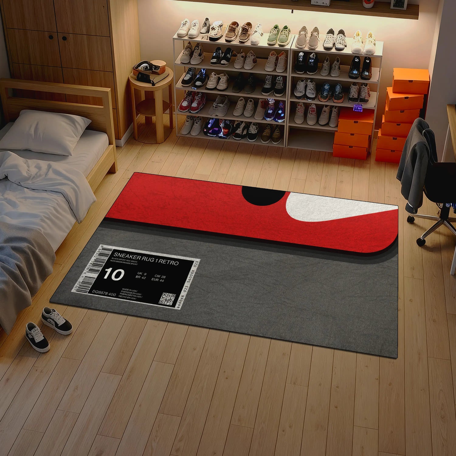 Room with a sneaker display, bed, and large mat with a sneaker design.


