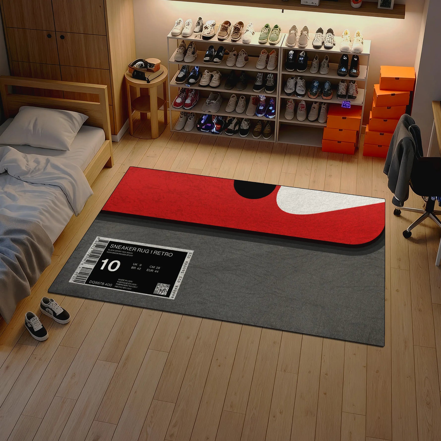 Room with a sneaker display, bed, and large mat with a sneaker design.

