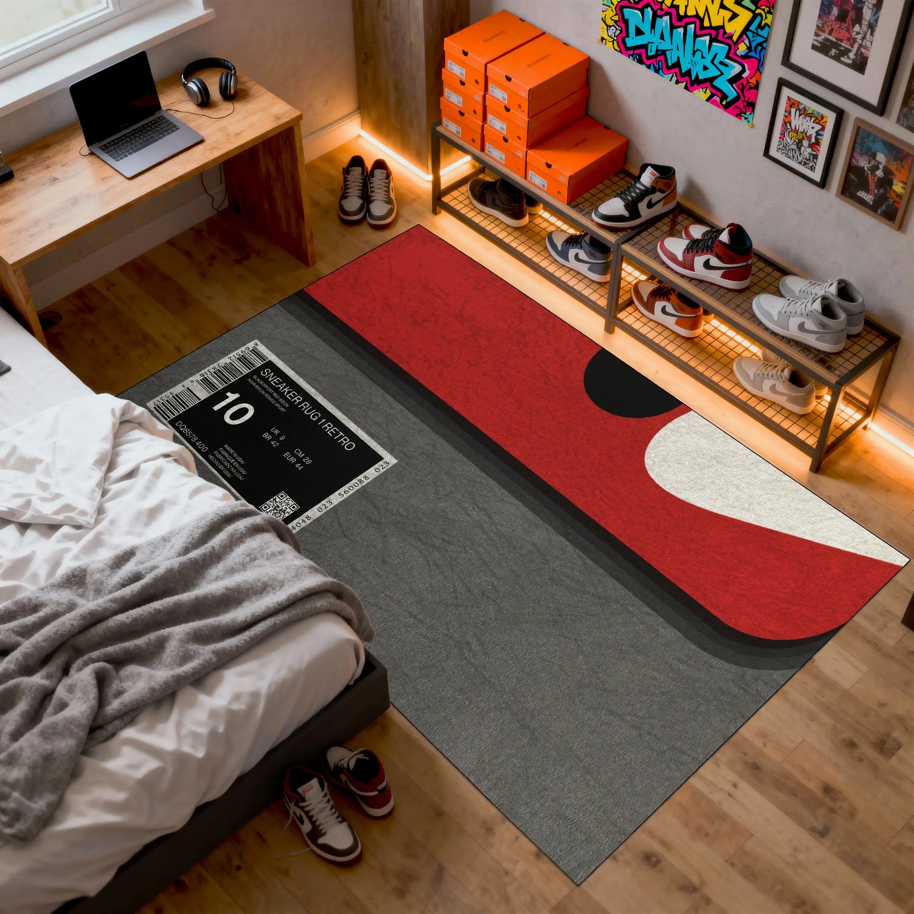 Room interior with a red and gray rug, shelves with shoes, and a bed.

