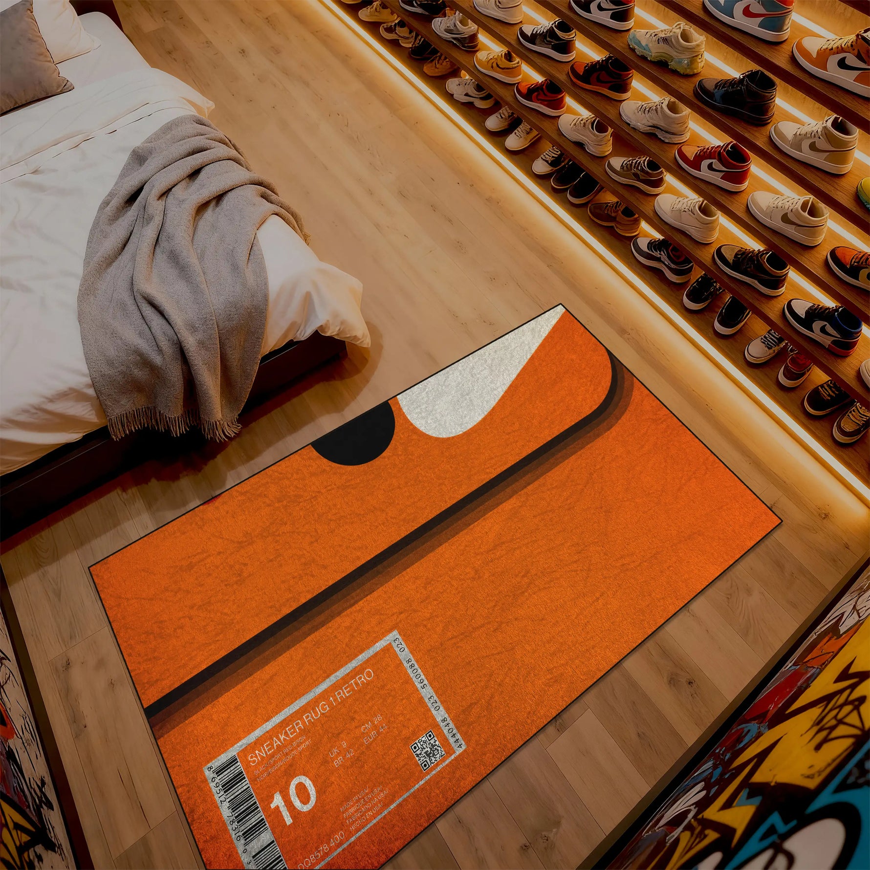 Orange mat with a label on a wooden floor next to a bed and shoe rack.


