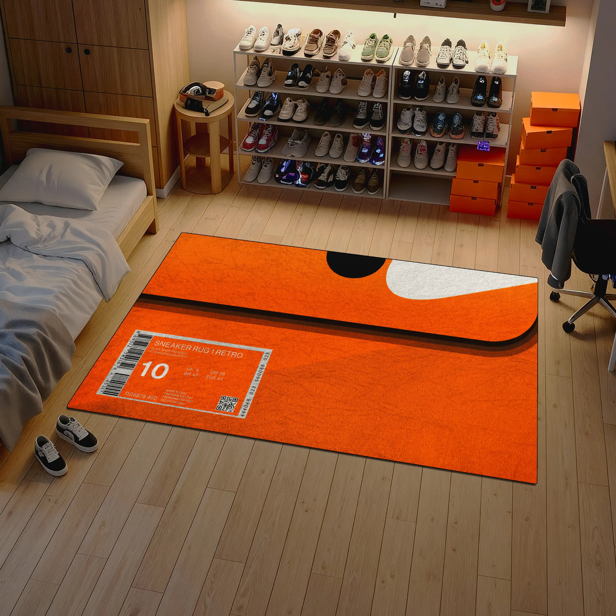Orange rug with a design on a wooden floor in a room with shelves and furniture.


