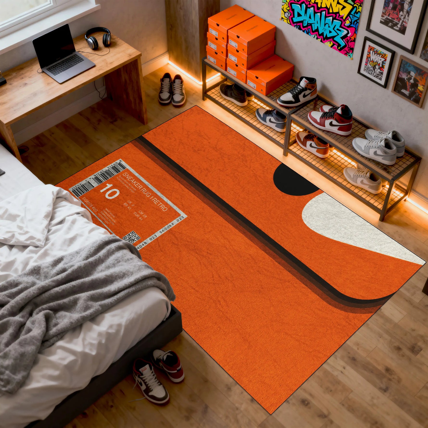 Room interior with orange rug, shelves with shoes, and a bed.

