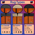 Three boxes of rugs labeled 'Chenille', 'Rubber', and 'Cotton' with text and icons on a colorful background.

