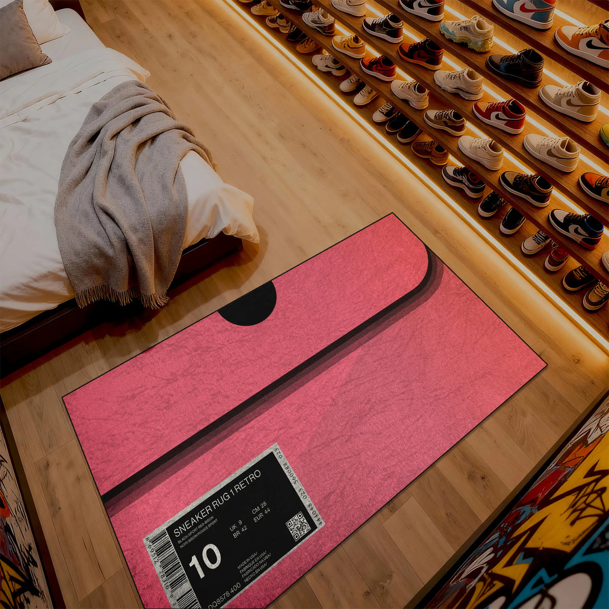 Pink rug with a label on a wooden floor next to a shoe rack.

