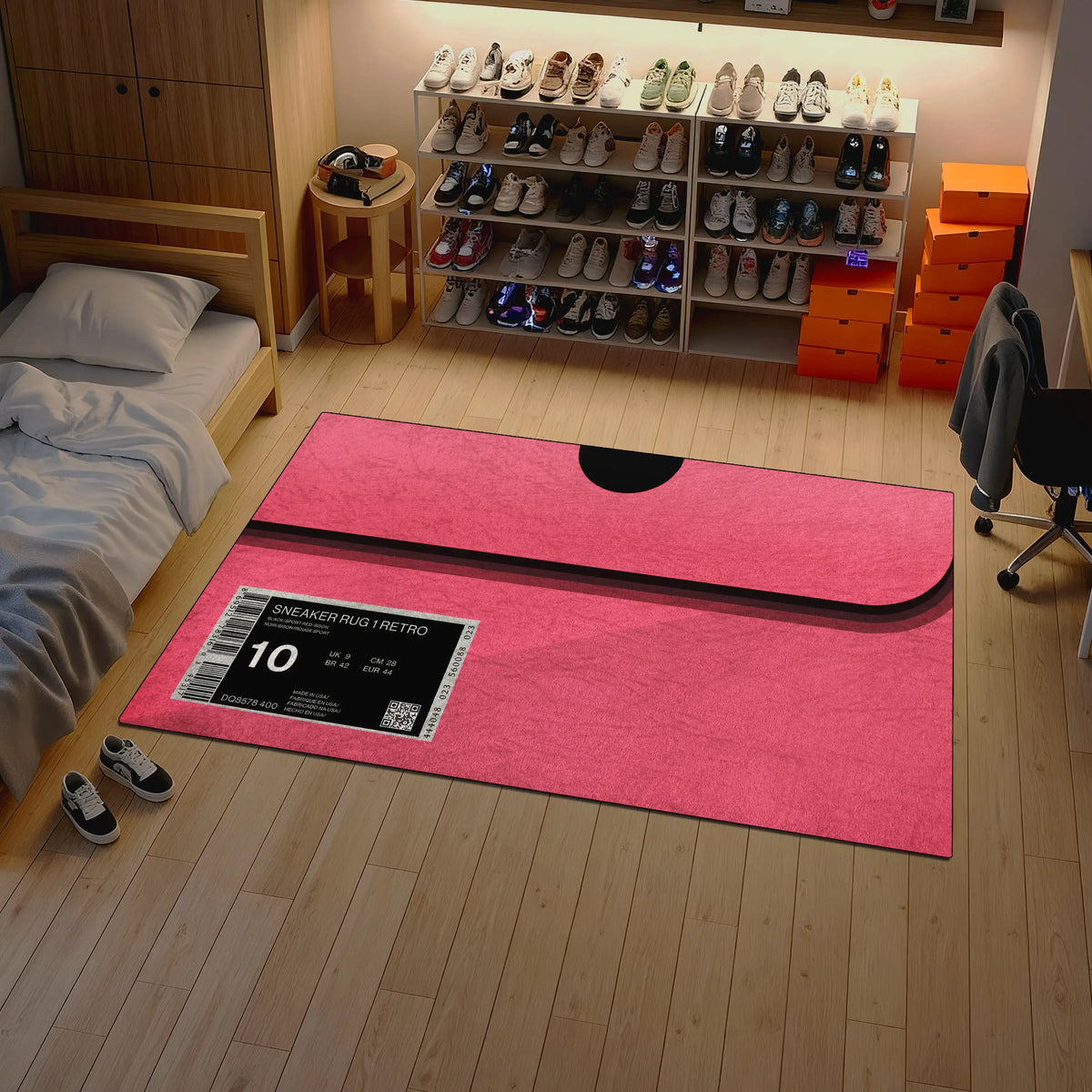 Pink mat with sneaker display on a wooden floor in a room with shelves and furniture.

