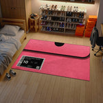 Pink mat with sneaker display on a wooden floor in a room with shelves and furniture.

