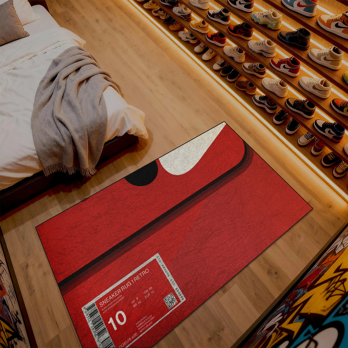 Red mat with a size label on a wooden floor next to a shoe display

