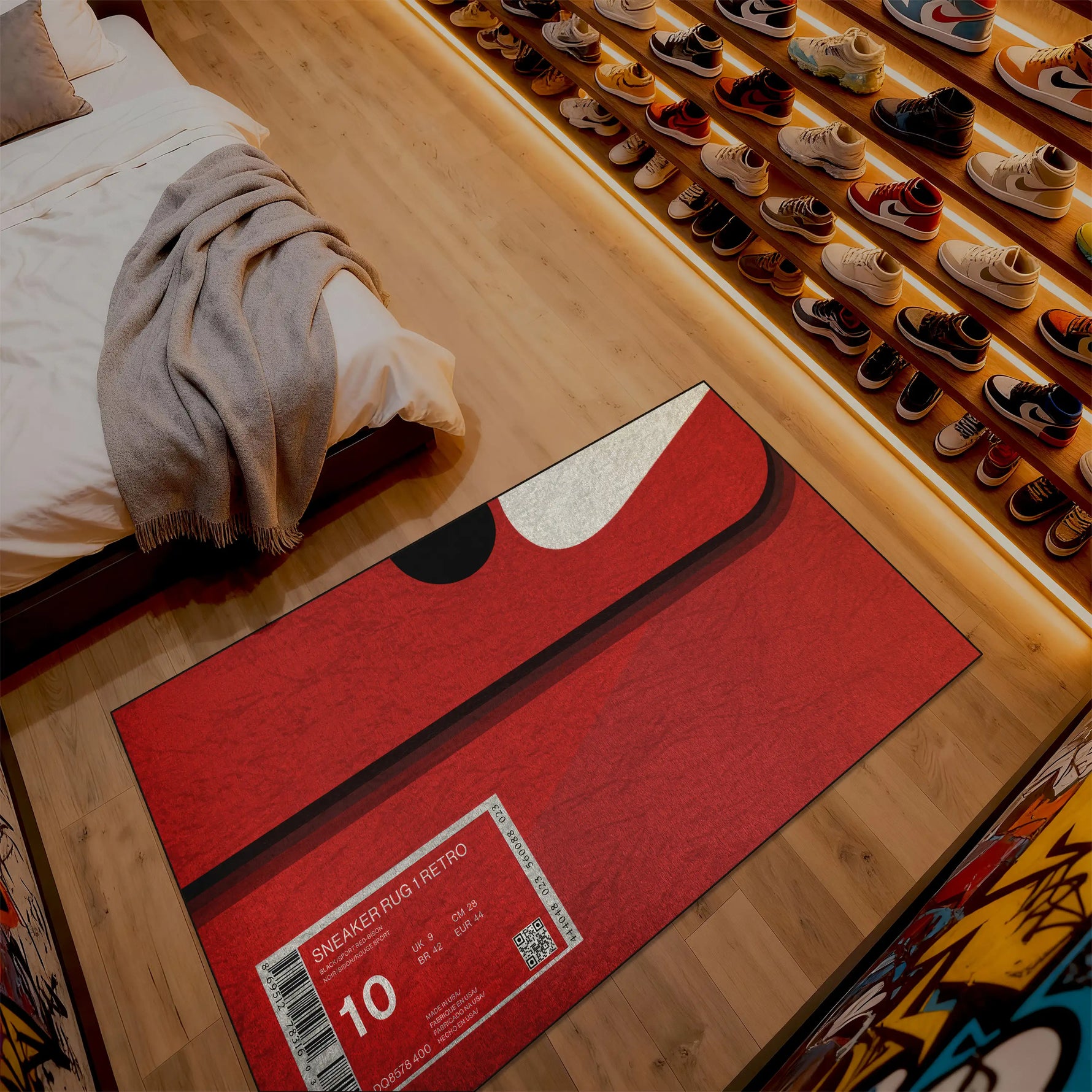 Red mat with a size label on a wooden floor next to a shoe display

