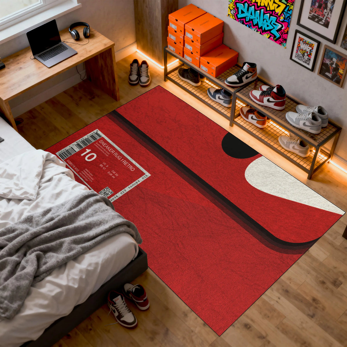 Room with a red rug, bed, desk, and shelves with shoes


