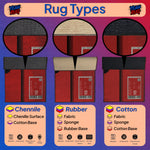 Three boxes of rugs labeled 'Chenille', 'Rubber', and 'Cotton' with close-up views and feature descriptions on a colorful background.

