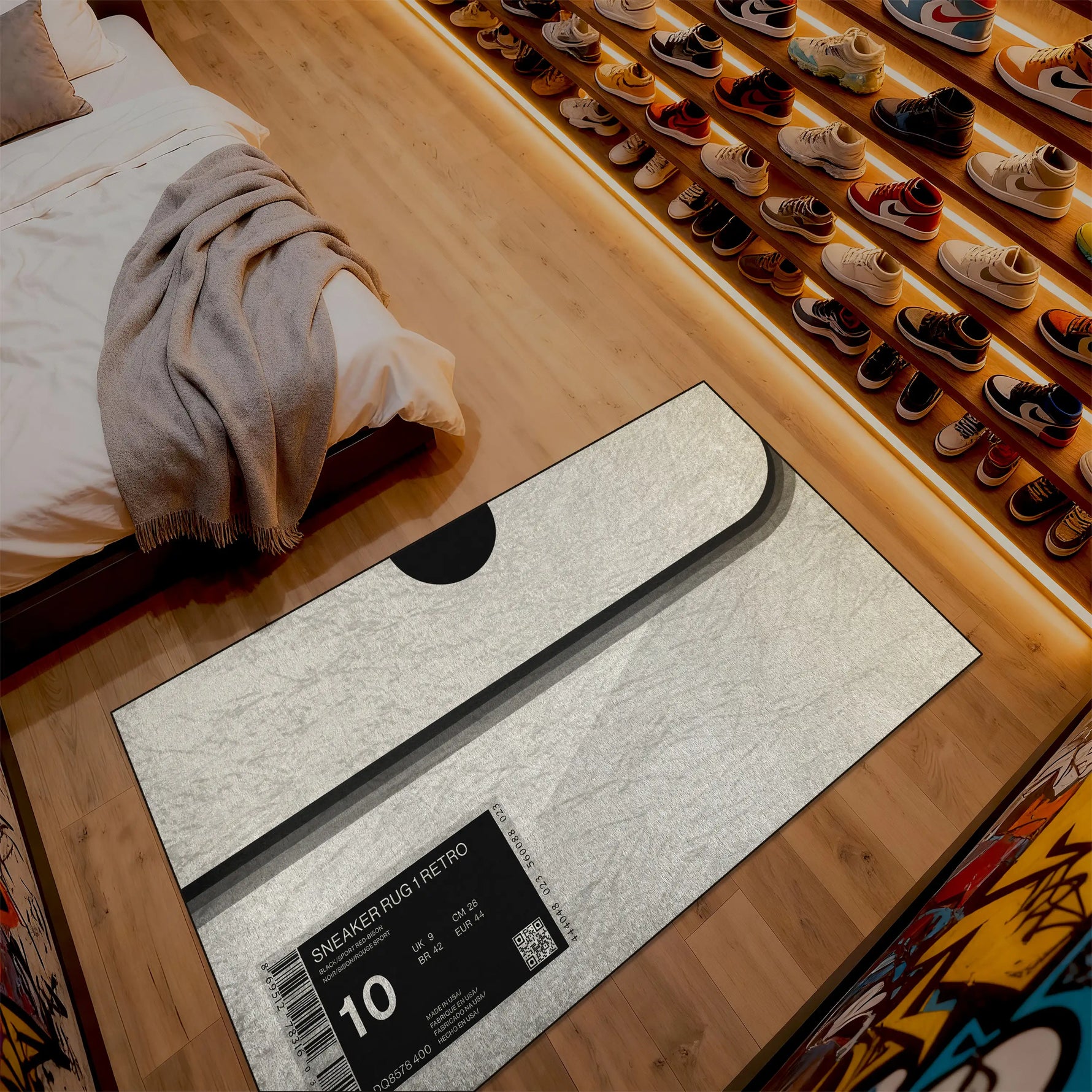 Sneaker rug with 'Sneaker Rug Retro' label on a wooden floor next to a bed.

