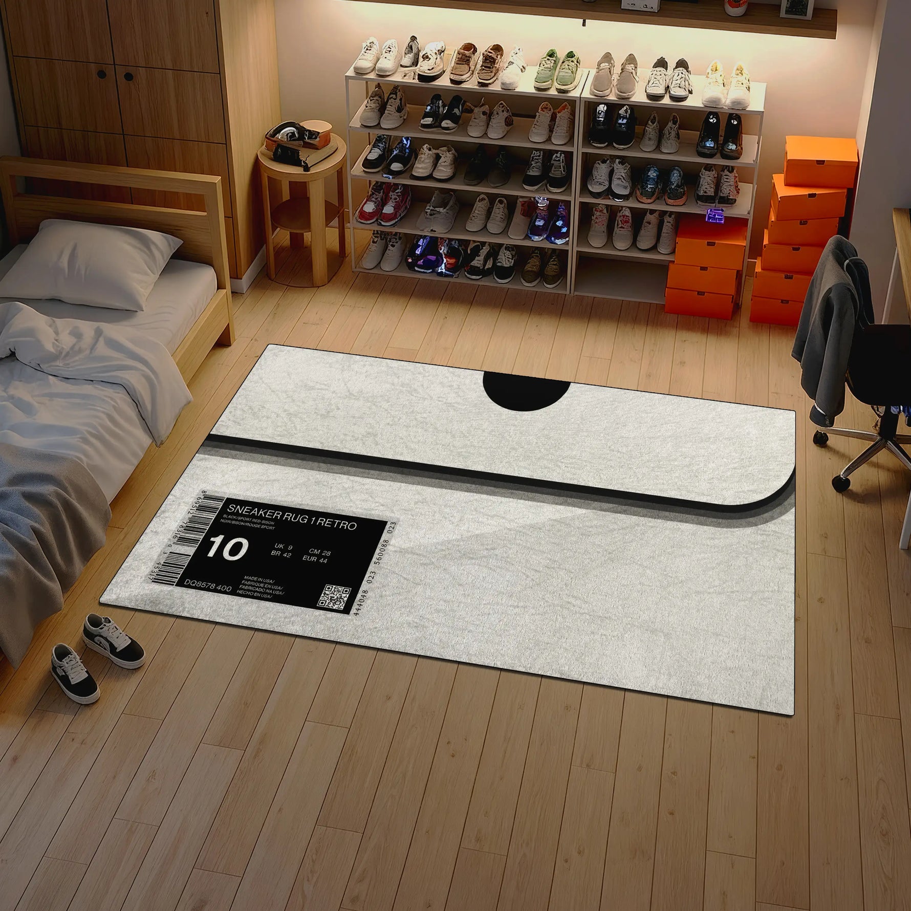Room with a large rug displaying sneaker brand information, bed, and shoe rack.

