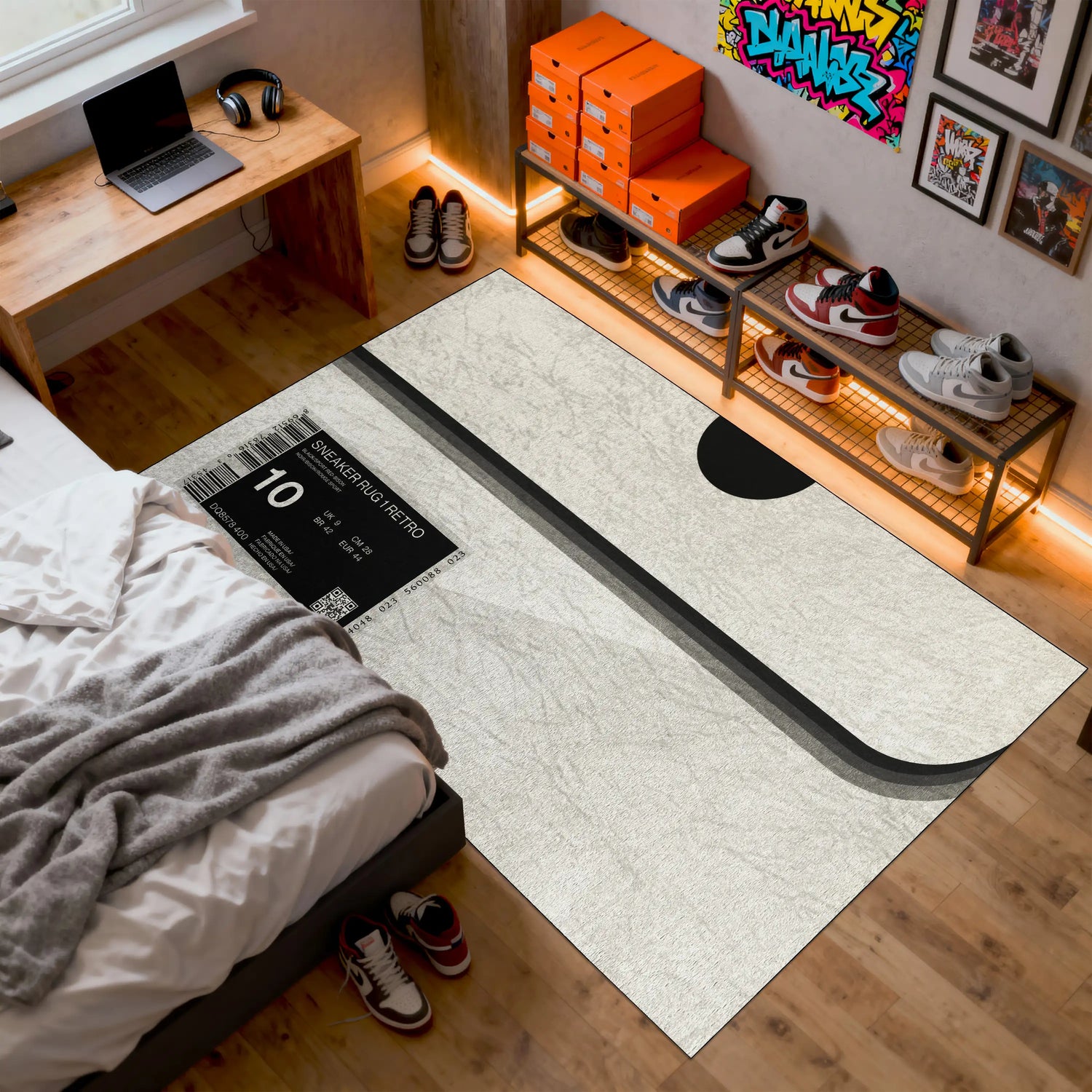 Room interior with a bed, rug, and shelves with shoes

