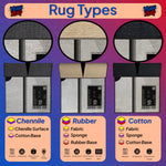 Illustration of rug types with labels for Chenille, Rubber, and Cotton on a colorful background.

