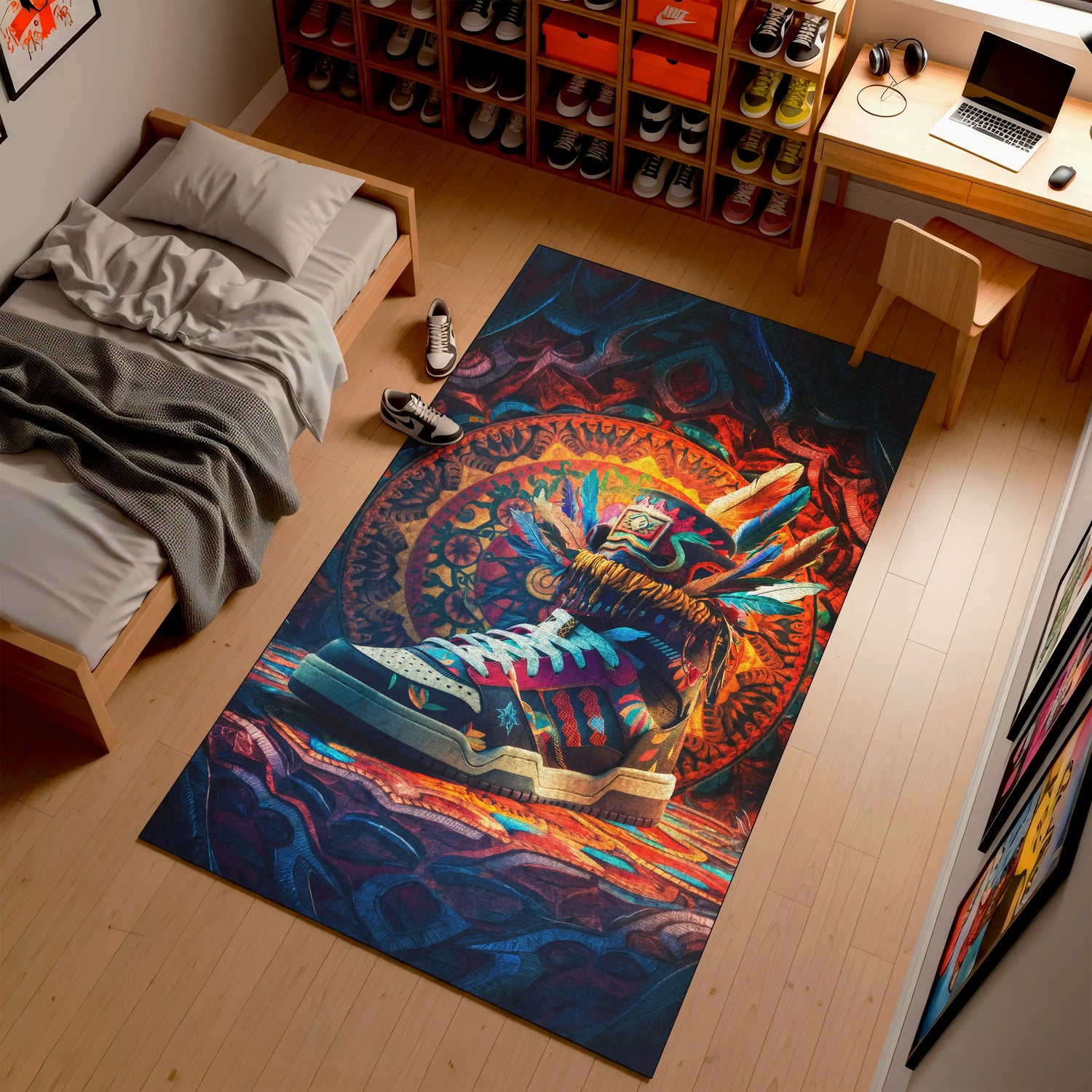 Tribal Psychedelic Sneaker Rug – Washable Non-Slip Decor | SneakerHead