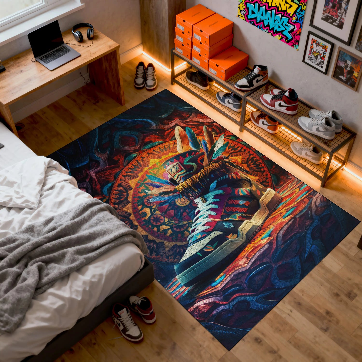 Colorful rug with a shoe design in a room with a bed, laptop, and shelves with shoes.

