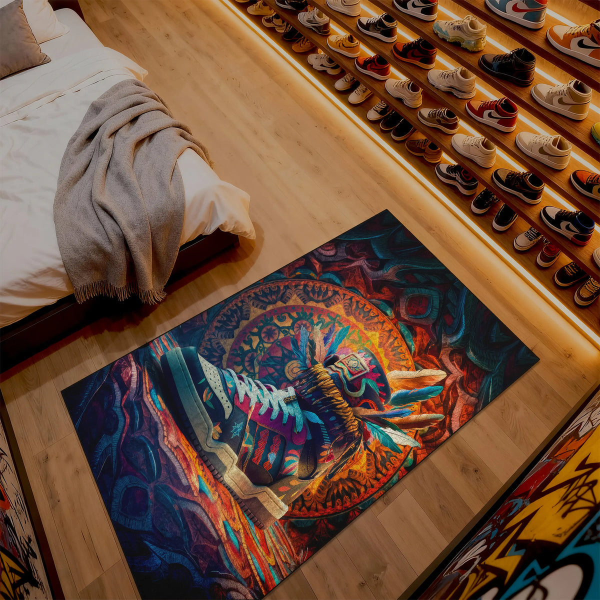 Colorful tapestry on a wooden floor with a bed and shoe rack in the background

