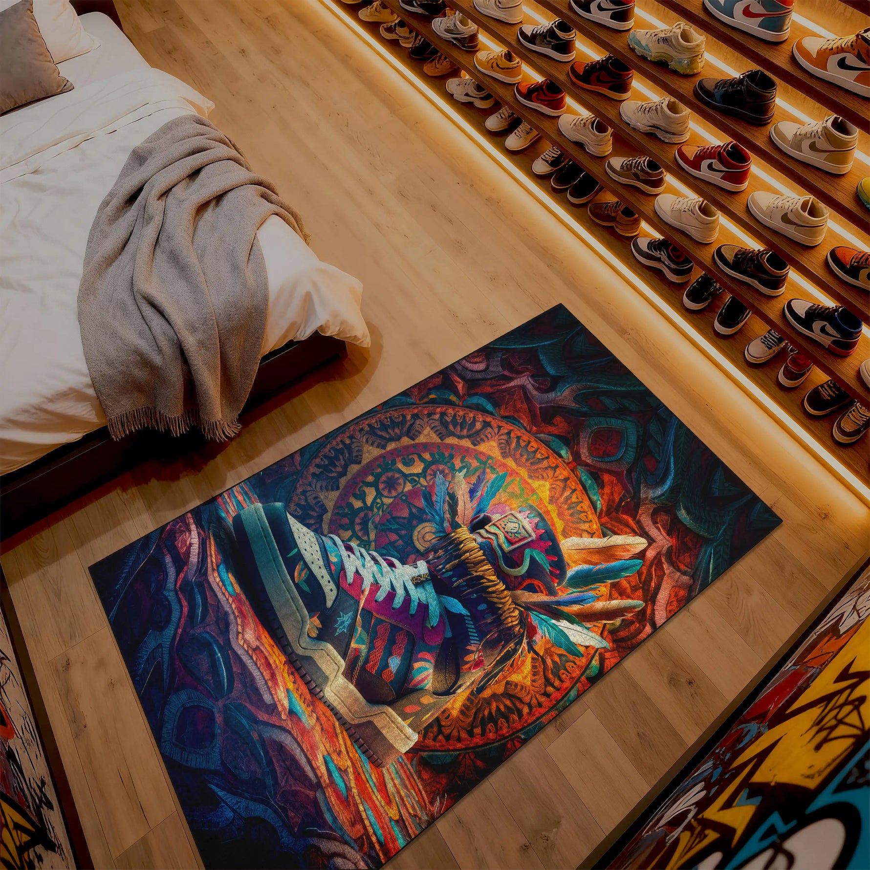 Colorful tapestry on a wooden floor with a bed and shoe rack in the background

