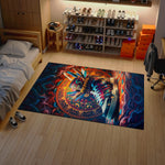 Colorful rug with abstract design on a wooden floor in a room with shelves and furniture.

