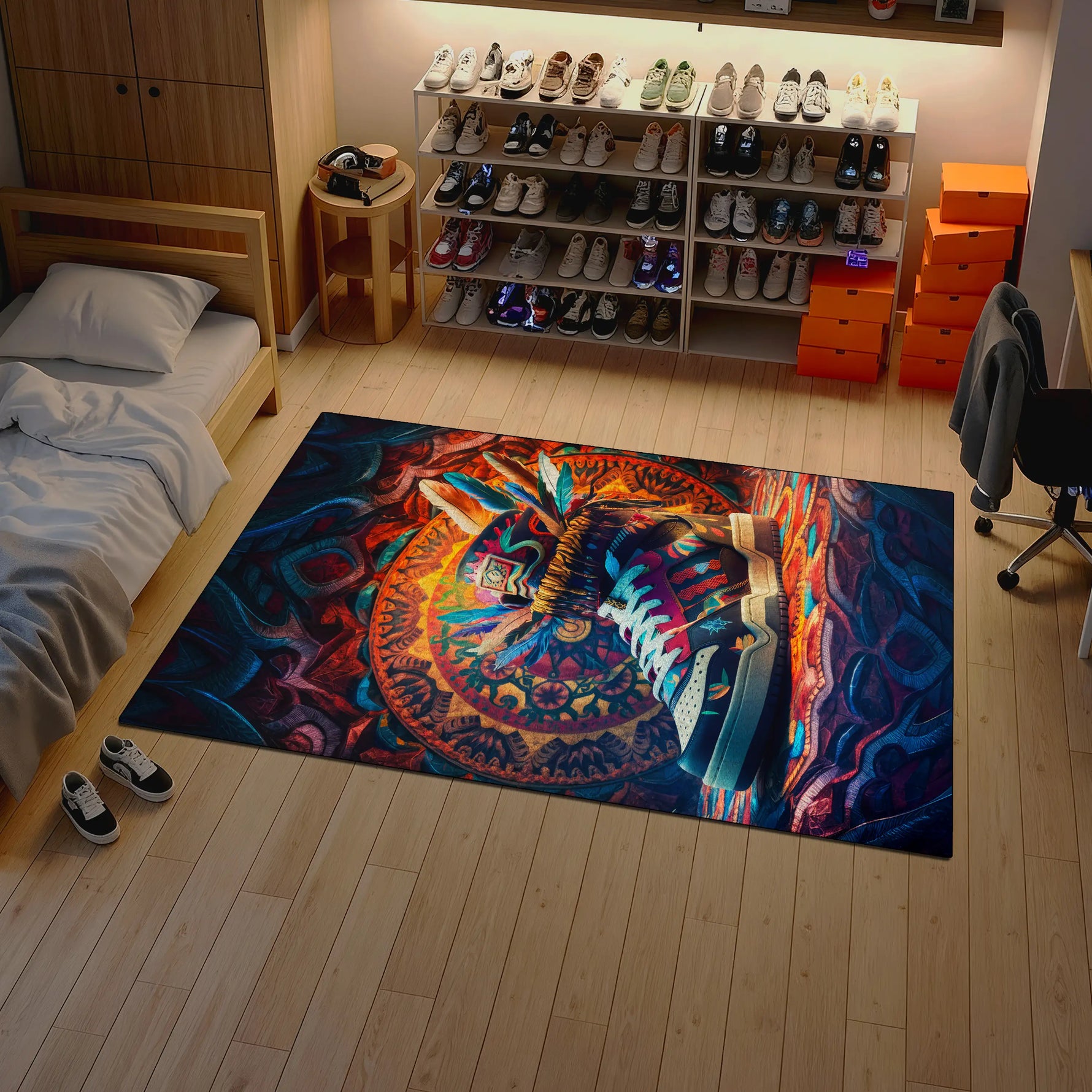 Colorful rug with abstract design on a wooden floor in a room with shelves and furniture.

