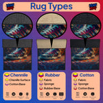 Comparison of rug types with shoes on a purple background

