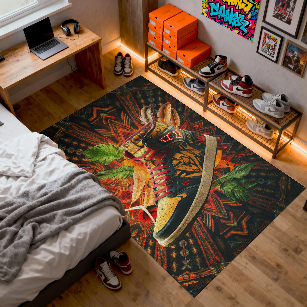 Room with a colorful rug featuring a shoe design, shelves with shoes, and a bed.

